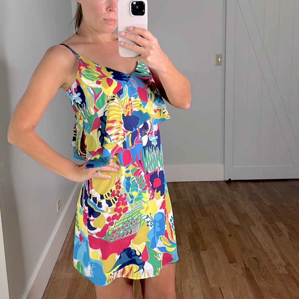 J. Crew Women's tropical yellow and green print ruffle top slip mini dress